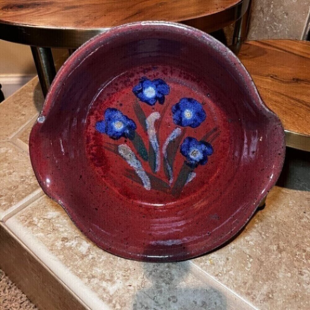 Stoneware red blue flowers bowl handmade OOAK studio pottery